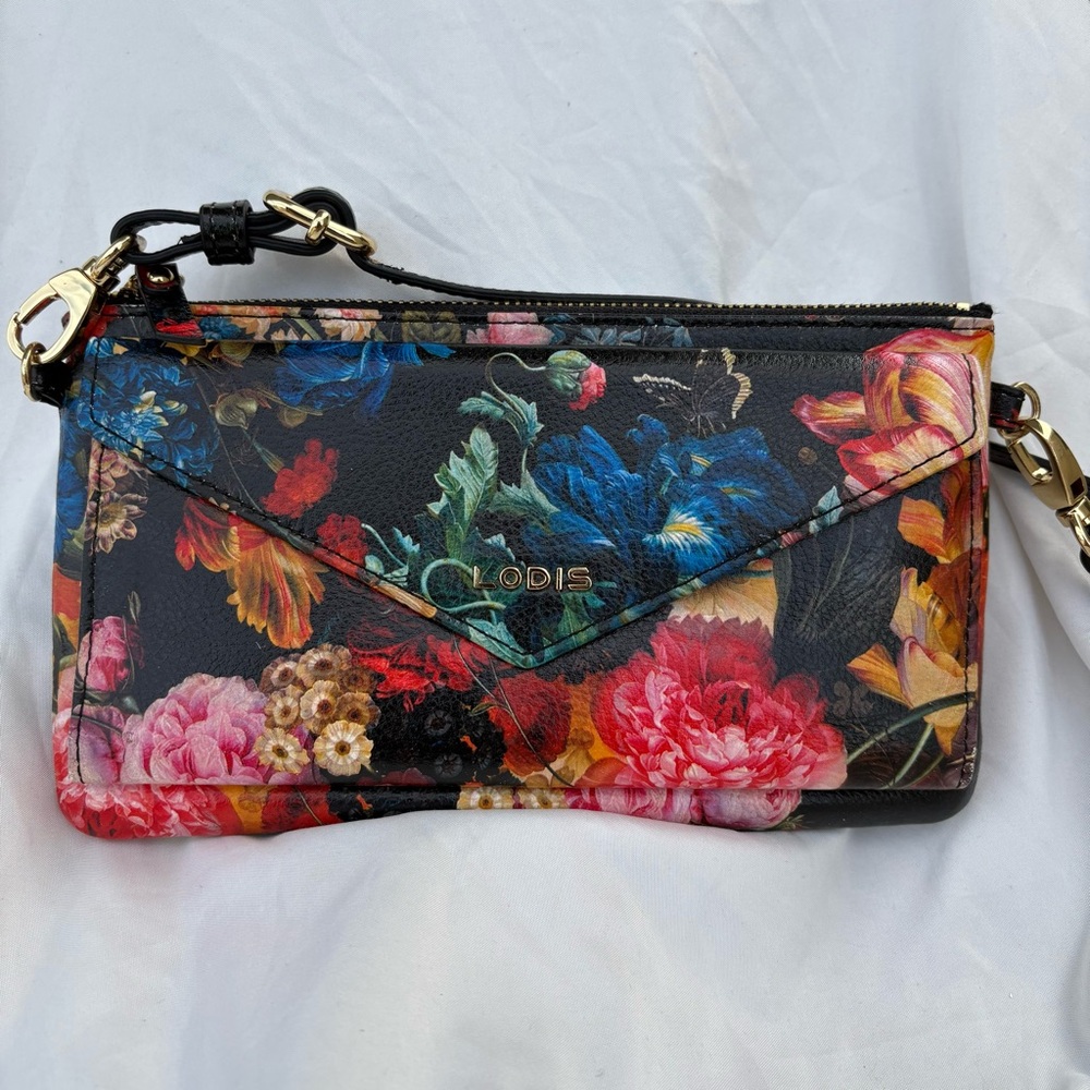 Lodis Black Floral Leather Wristlet Clutch with Gold Hardware